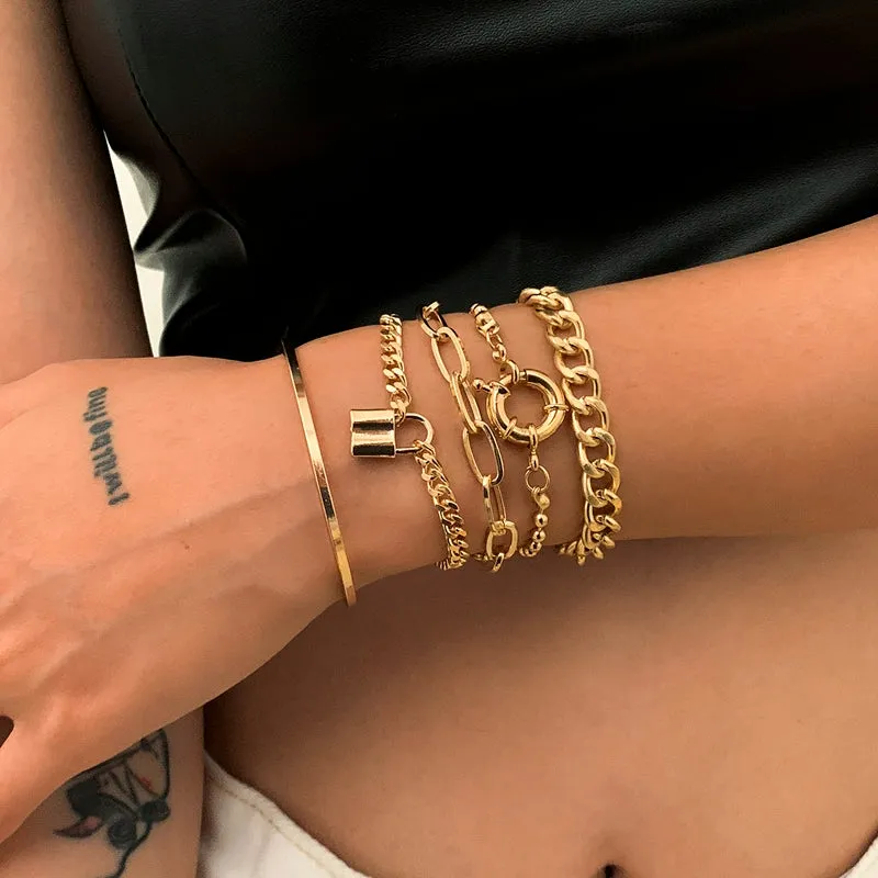 5 Pieces! Cross Chain Lock Pendant Bracelet Suit European Hip Hop Elegant Ins Trendy Cool Net Red Fat Wrist mm Bracelet