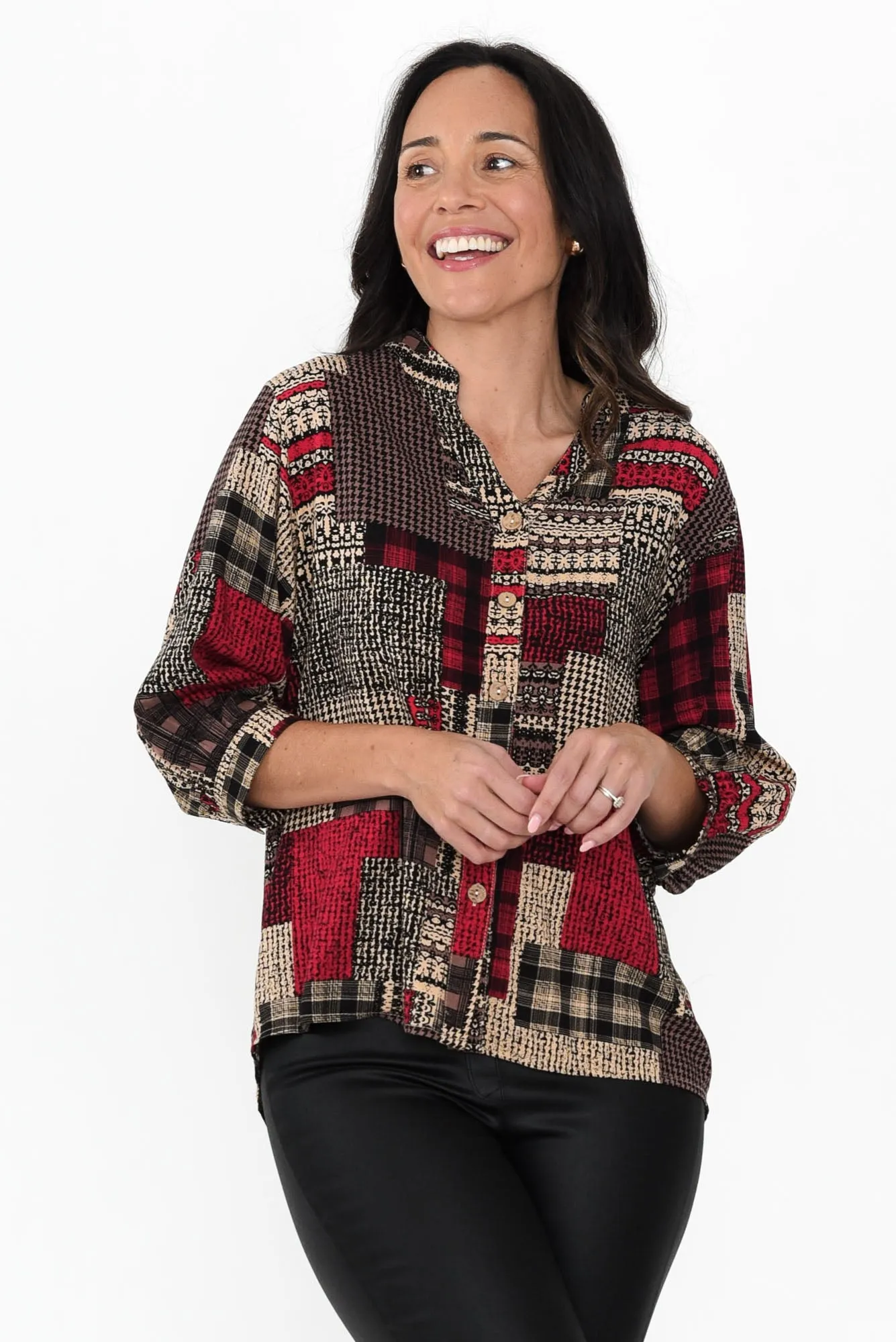 Alto Red Patchwork Cotton Blend Shirt