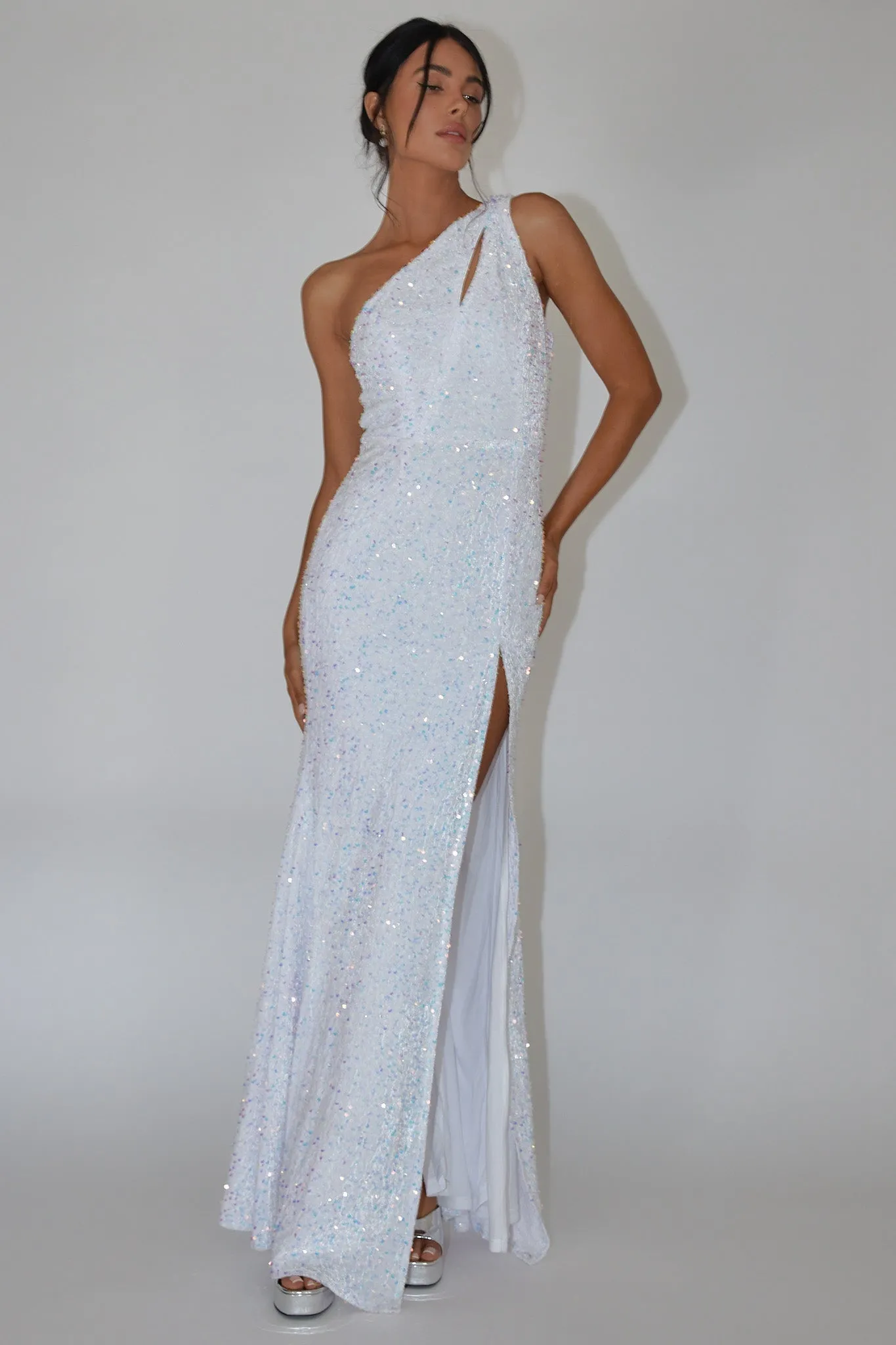 Ambrely One-Shoulder Sequin Maxi Dress White