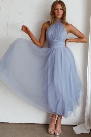 Andria Halterneck Tulle Midi Dress Blue