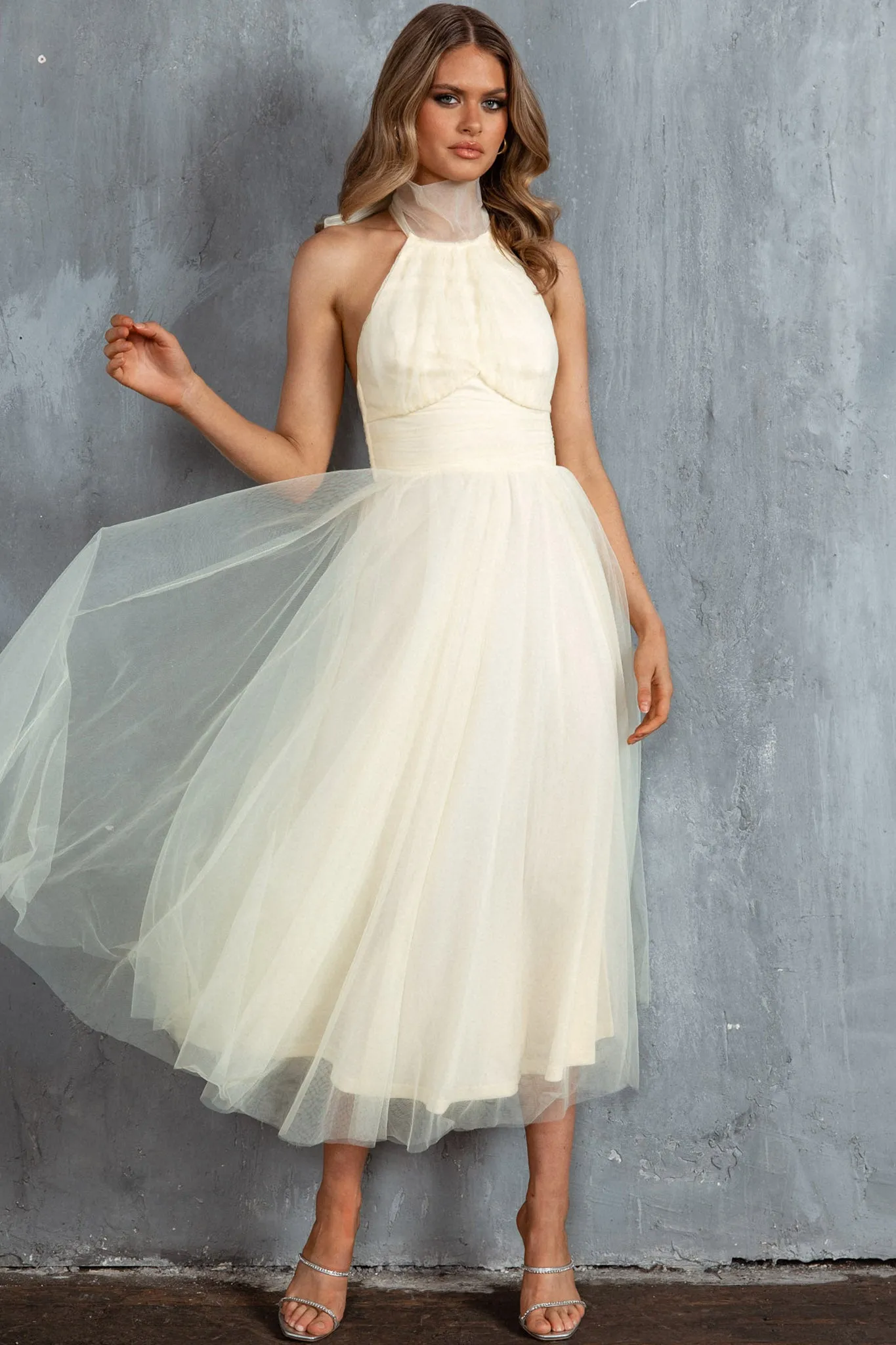 Andria Halterneck Tulle Midi Dress Butter