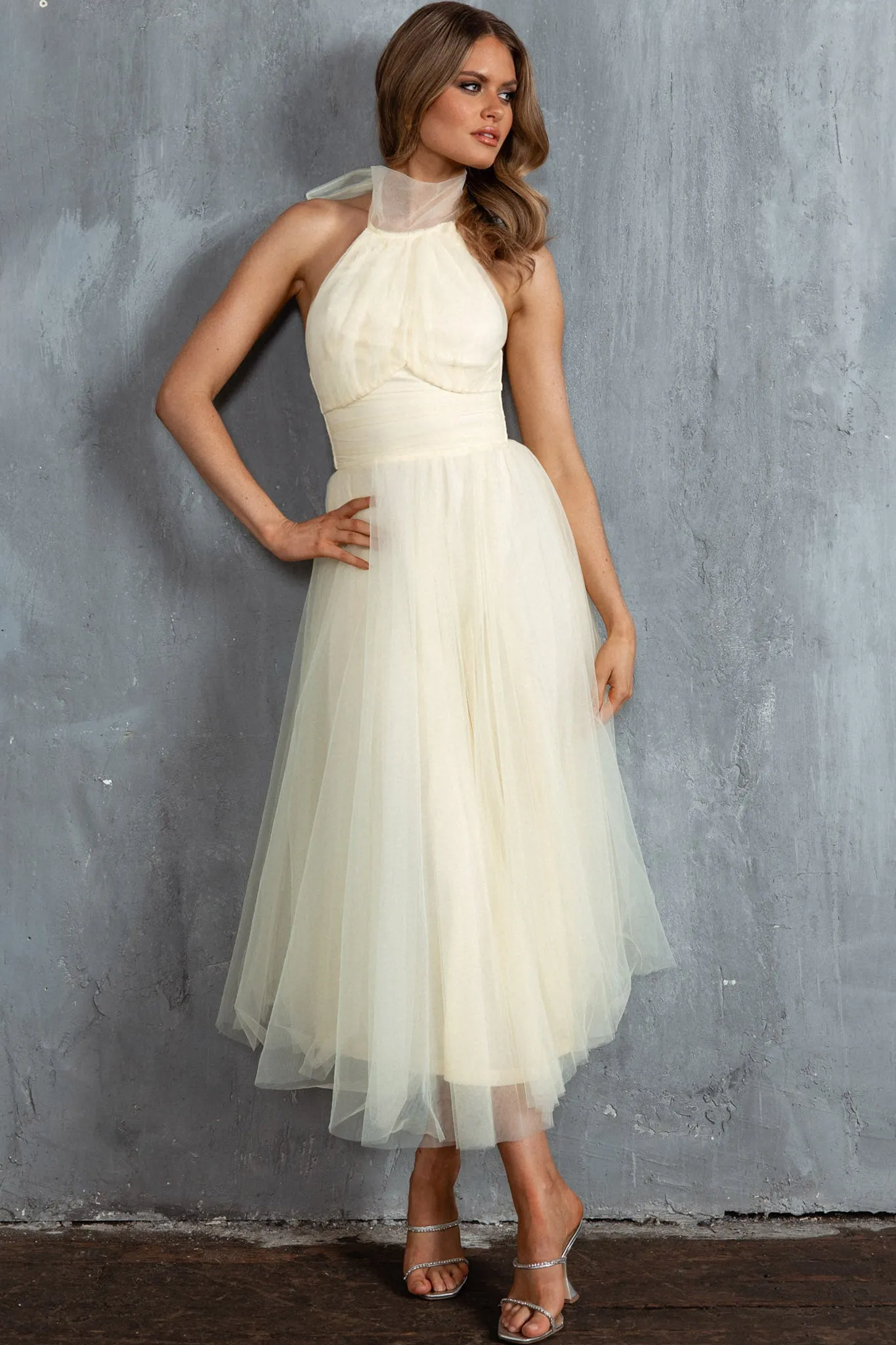 Andria Halterneck Tulle Midi Dress Butter