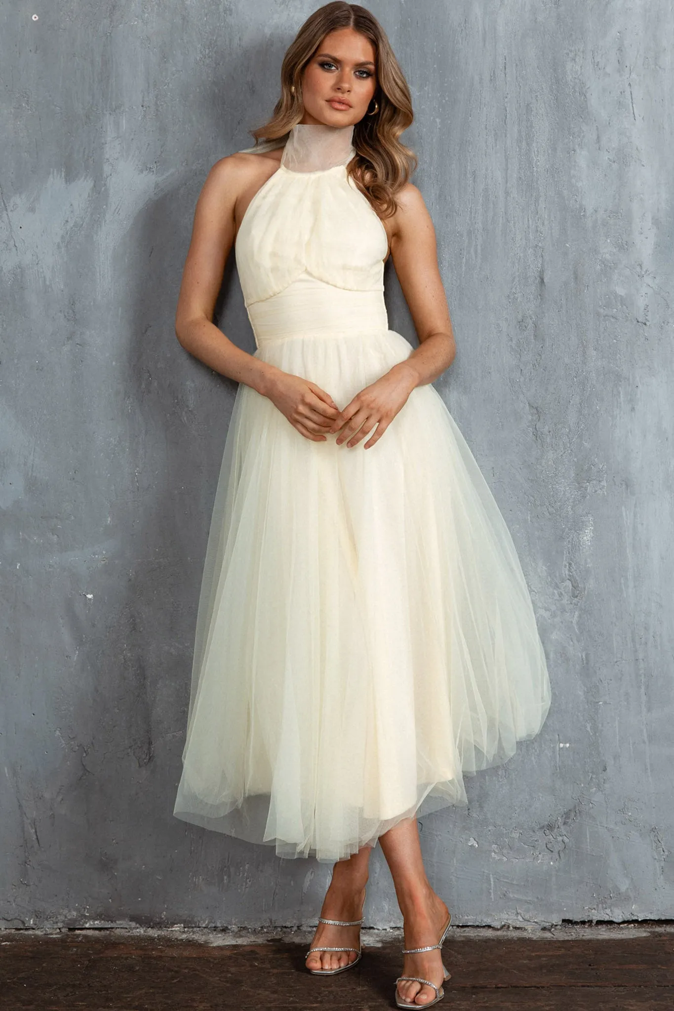 Andria Halterneck Tulle Midi Dress Butter