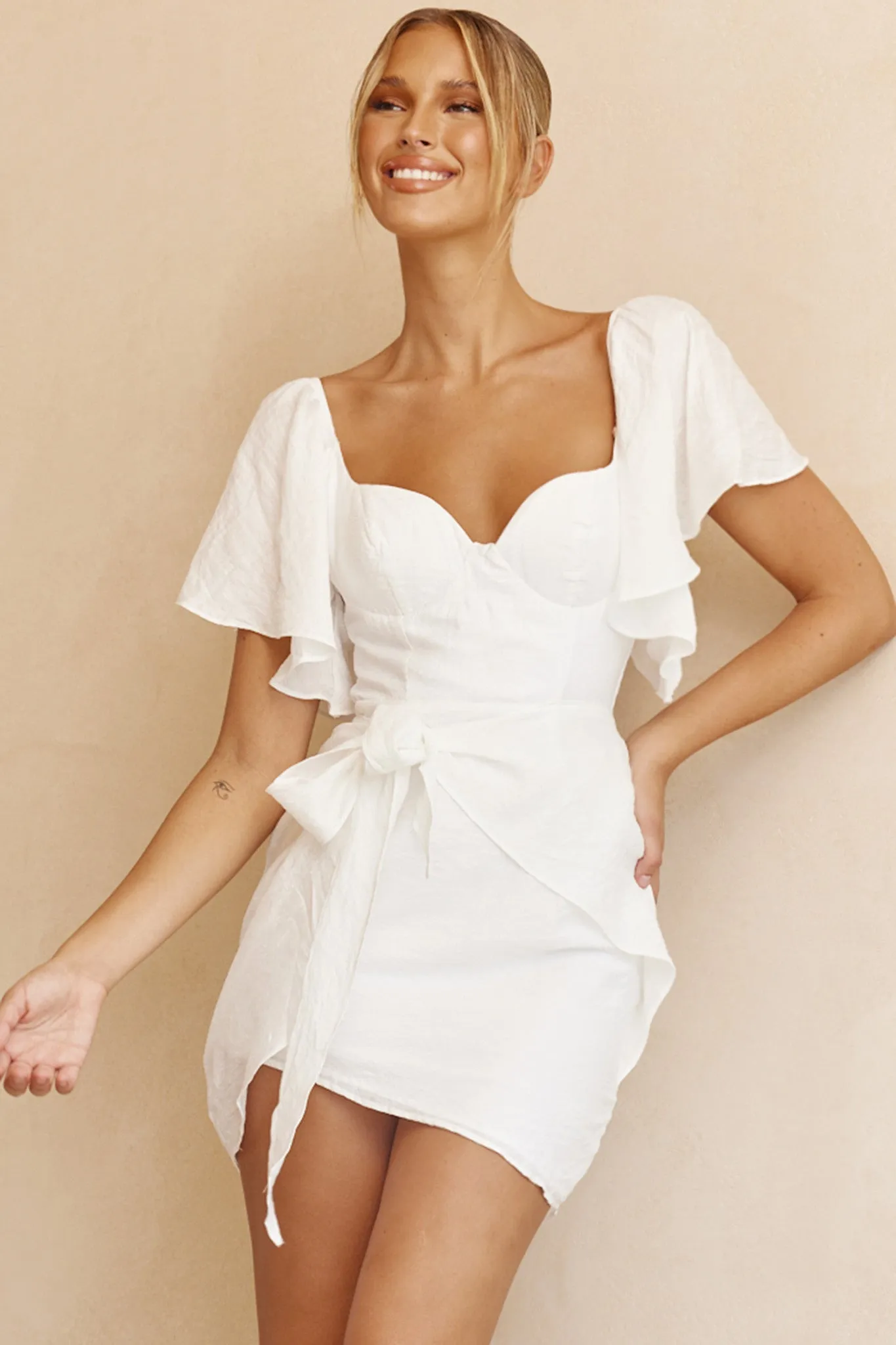 Aphrodite Molded Bust Angel Sleeve Wrap Dress White