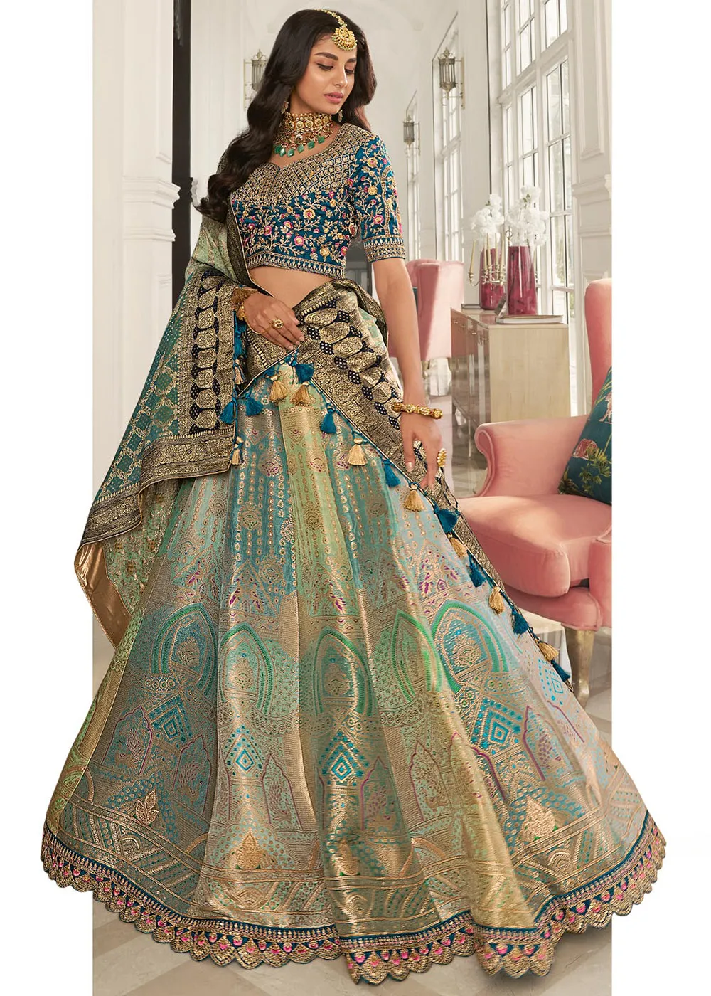 Aqua Blue & Mint Green Heavy Embroidered Silk Bridal Lehenga Choli