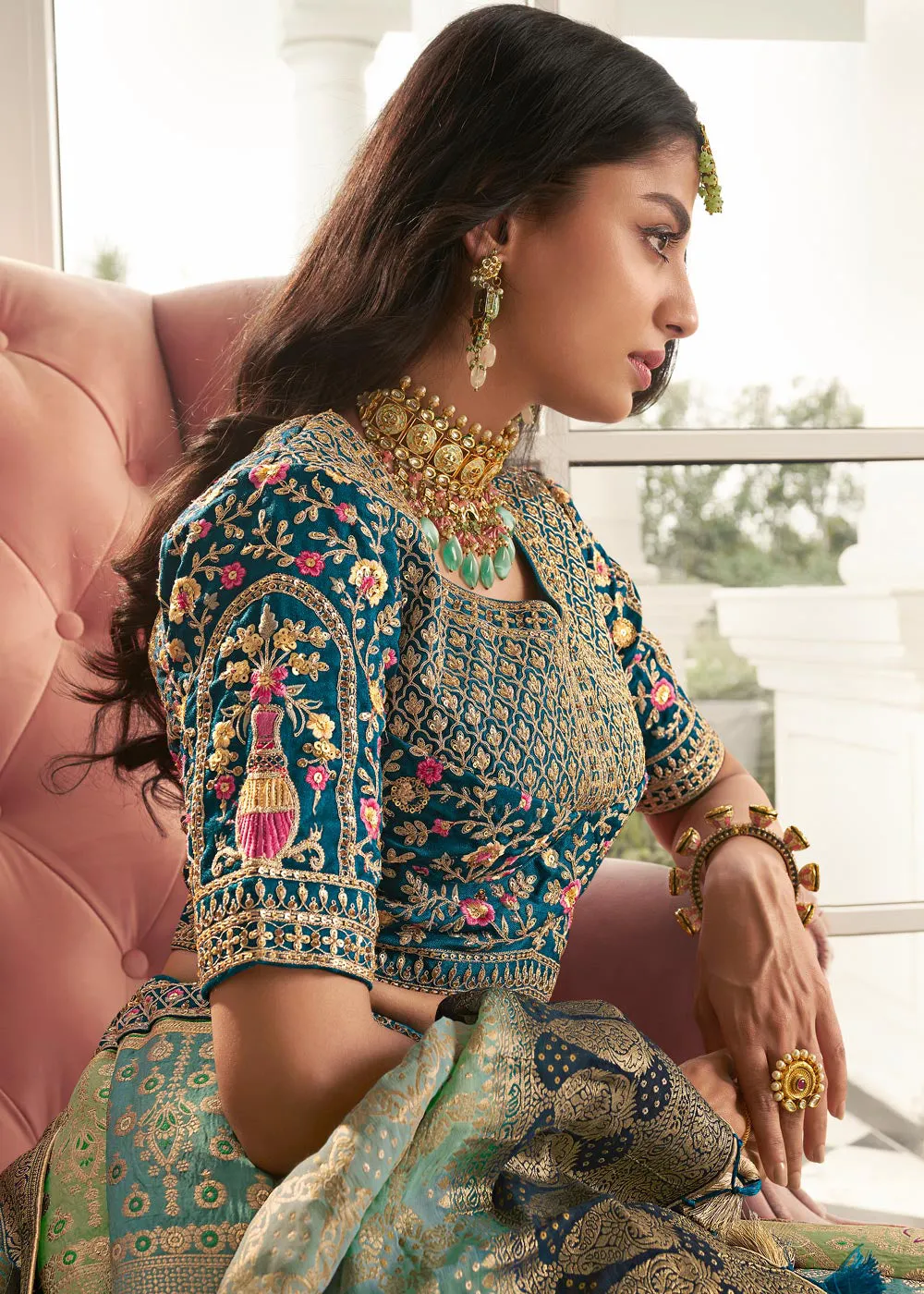 Aqua Blue & Mint Green Heavy Embroidered Silk Bridal Lehenga Choli