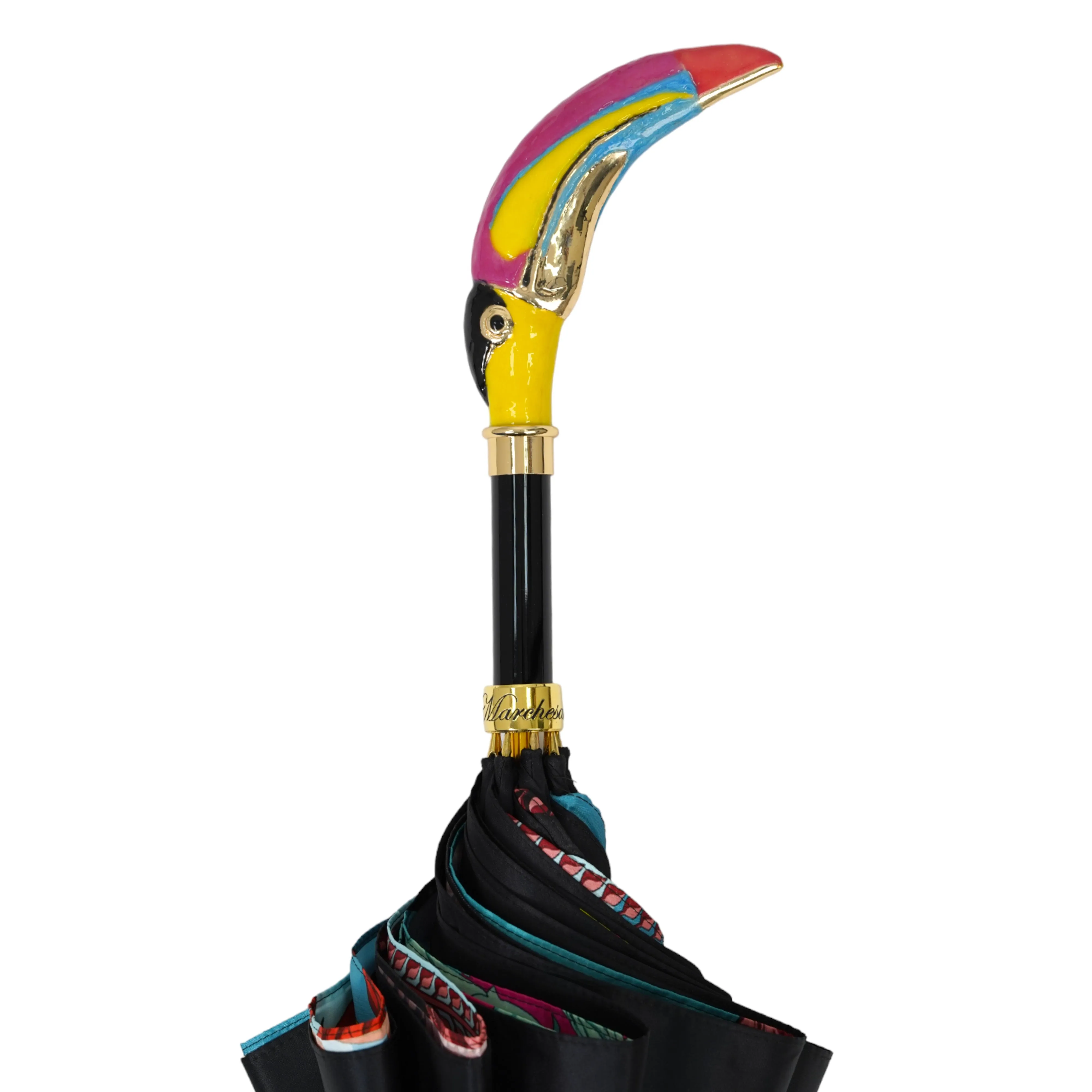 Artisan Italian Umbrella with Luxurious Hand-Enameled Toucan Handle