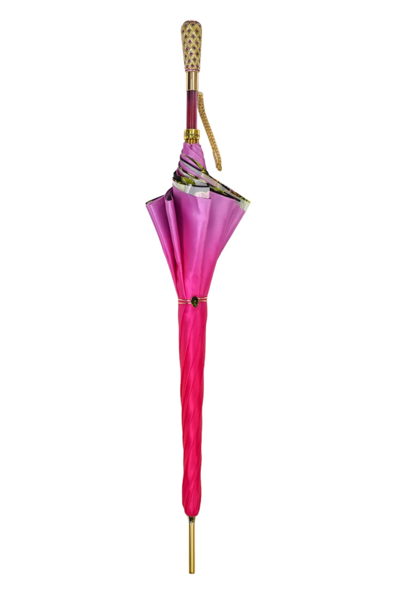 Artisan Pink Floral Umbrella with Crystal Handle & Exquisite Hand-Painted Accents