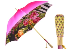 Artisan Pink Floral Umbrella with Crystal Handle & Exquisite Hand-Painted Accents