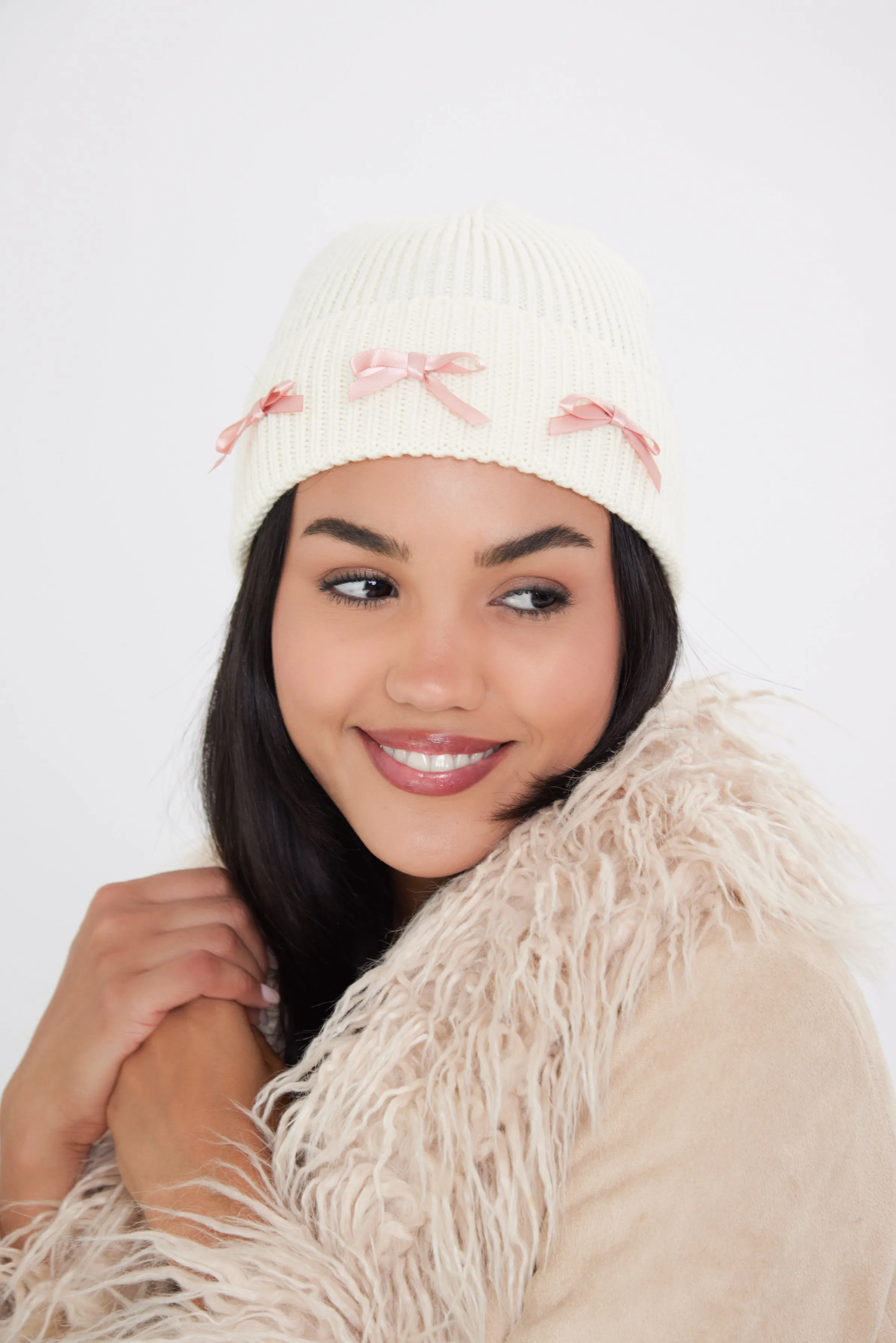 Beanie with Pink Ribbon Bow in Cream