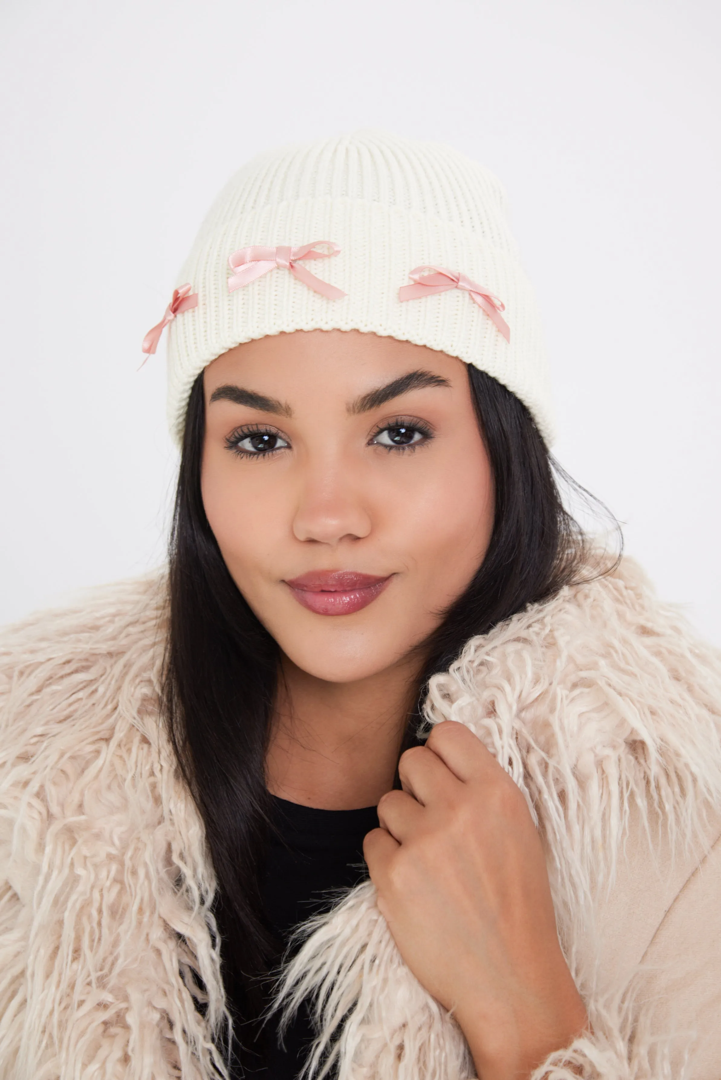 Beanie with Pink Ribbon Bow in Cream