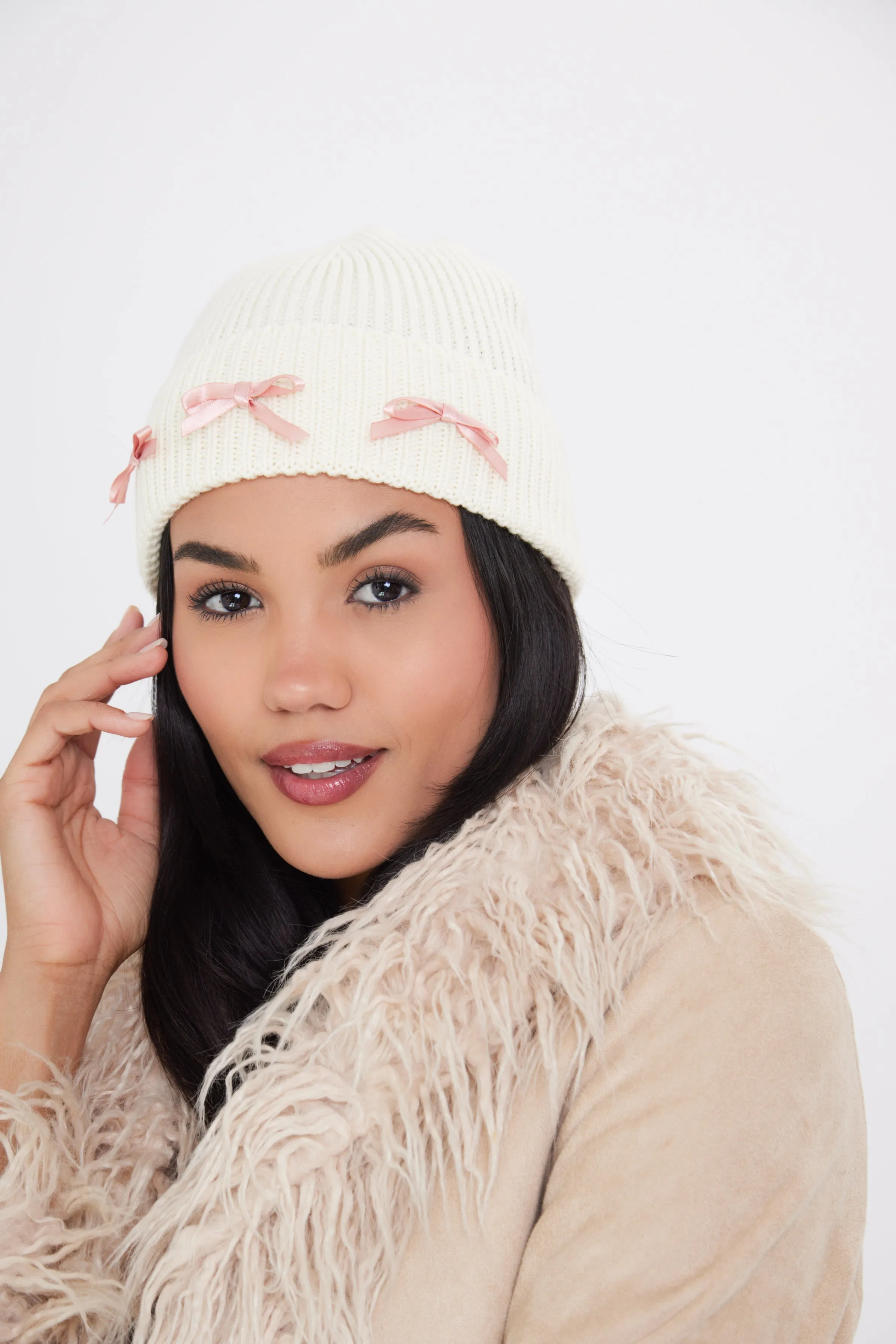 Beanie with Pink Ribbon Bow in Cream