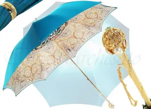 Beautiful Double Canopy Umbrella in a Luxurious Turquoise Colored Polyester Satin