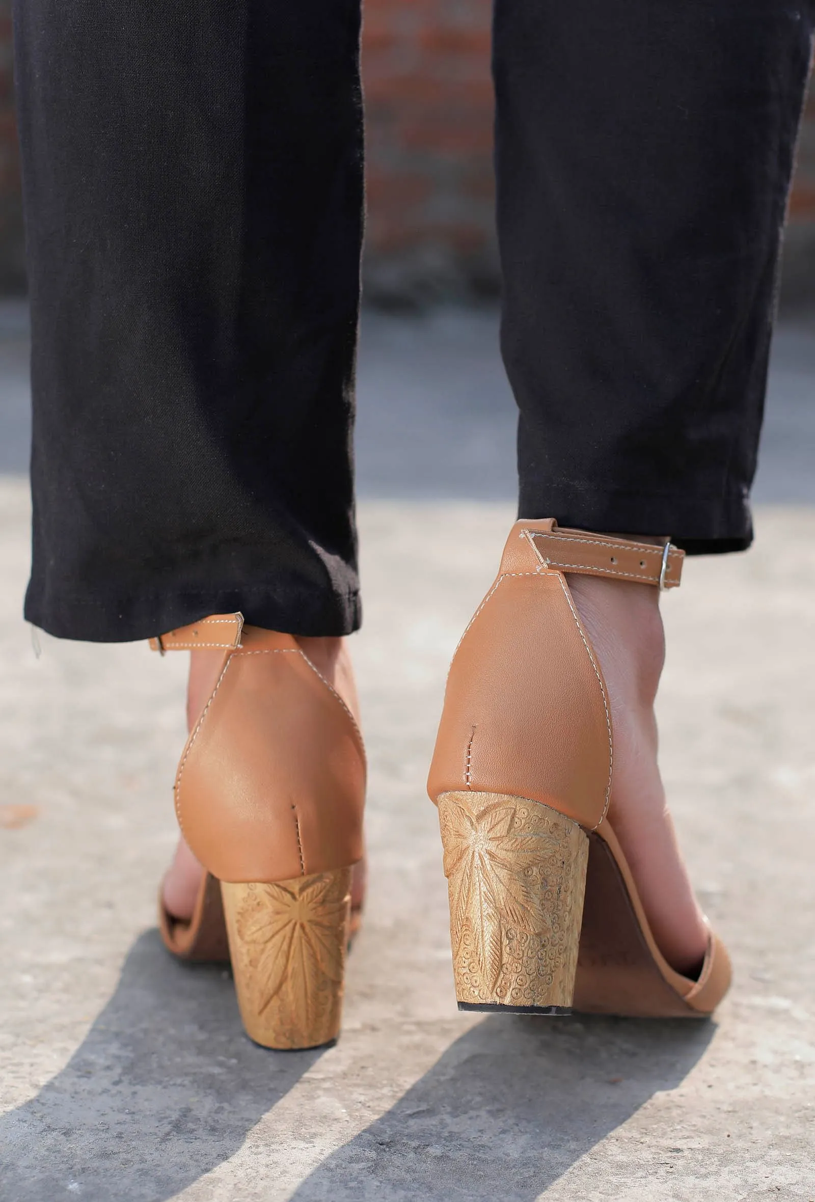 Beige Wooden Carved Ankle Strap Heels