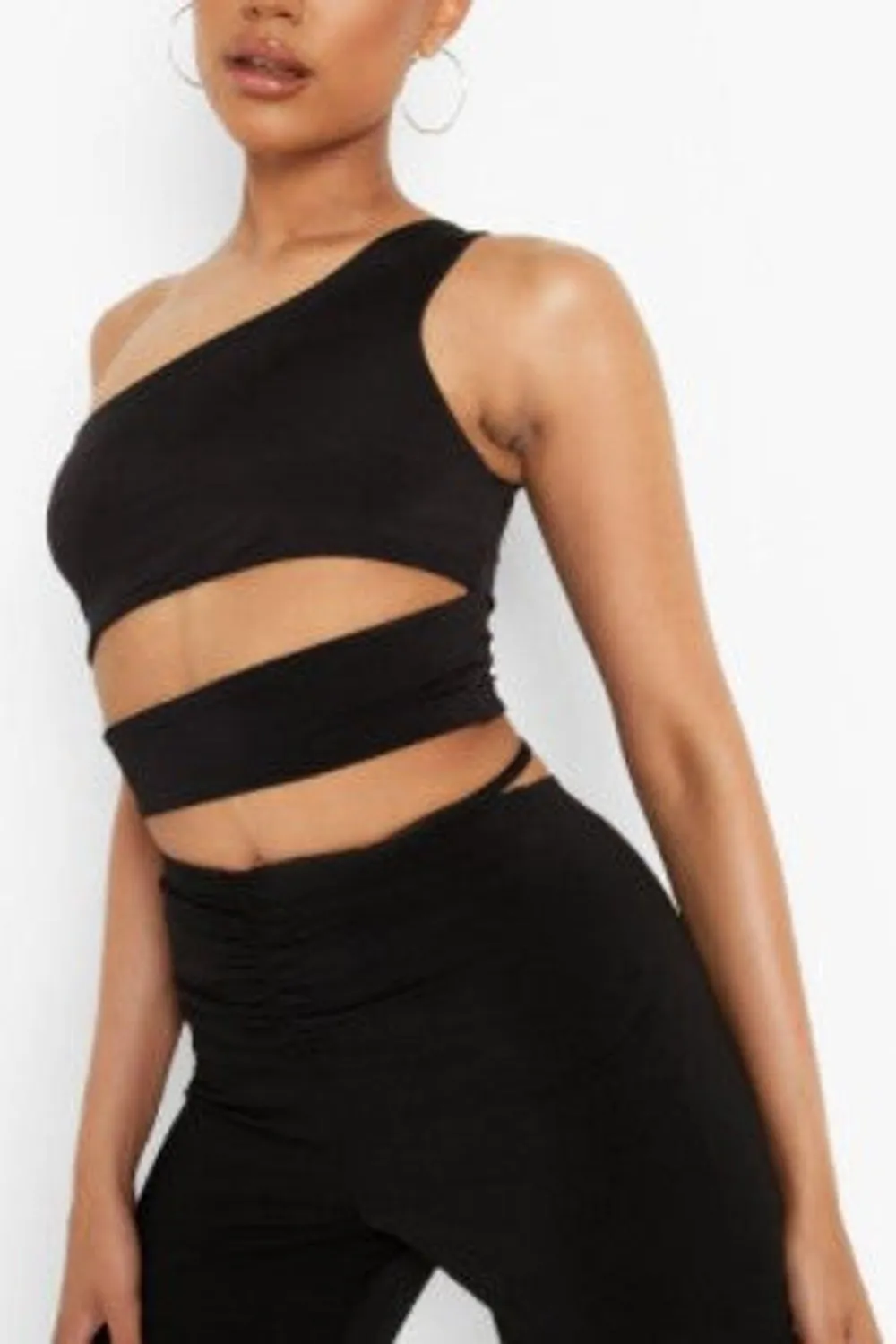 Black Double Layer Slinky One Shoulder Crop Top