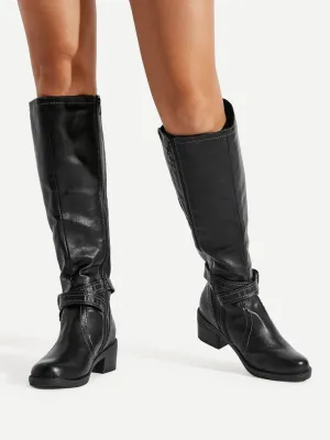 Buckle Side Knee High PU Boots