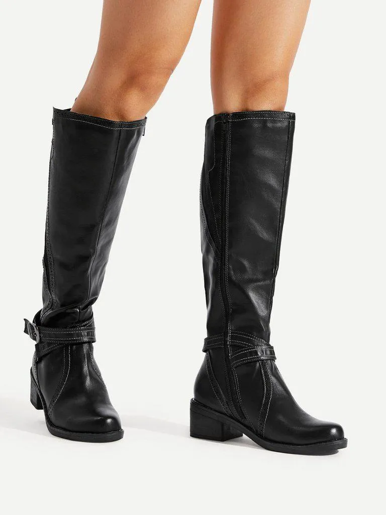 Buckle Side Knee High PU Boots