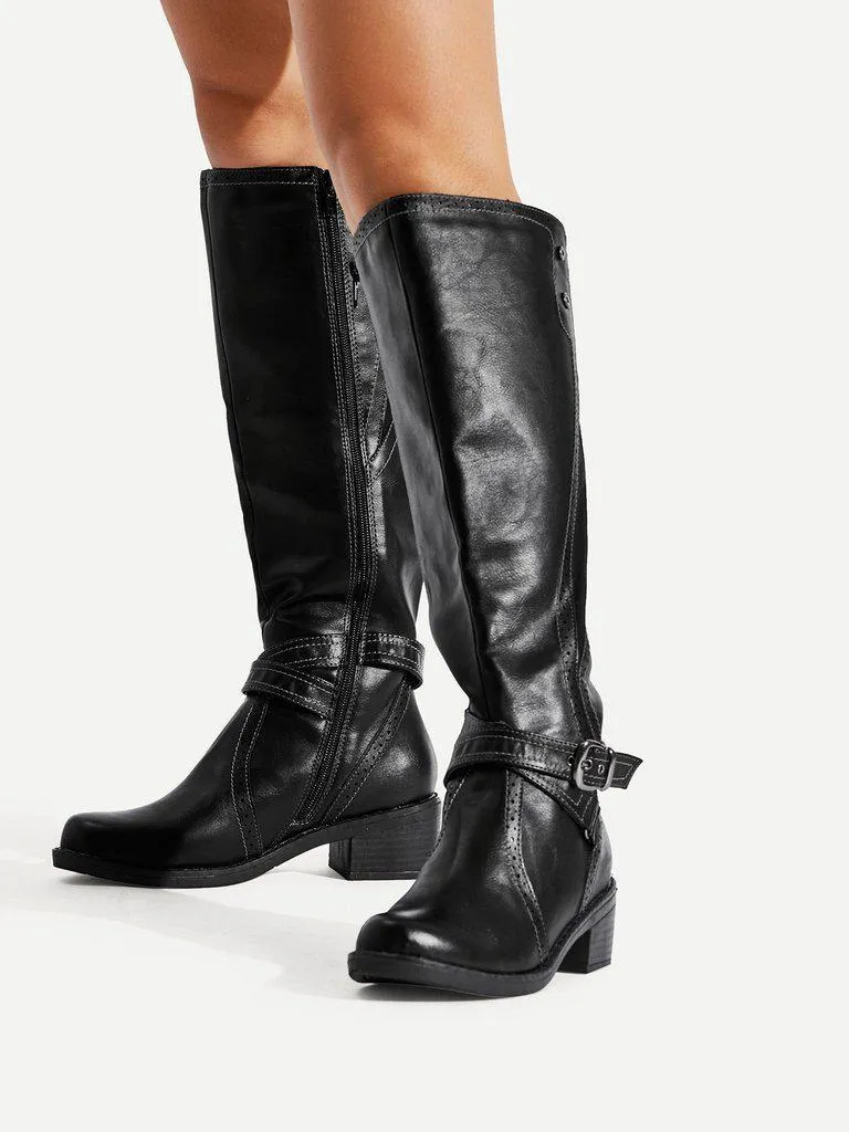 Buckle Side Knee High PU Boots