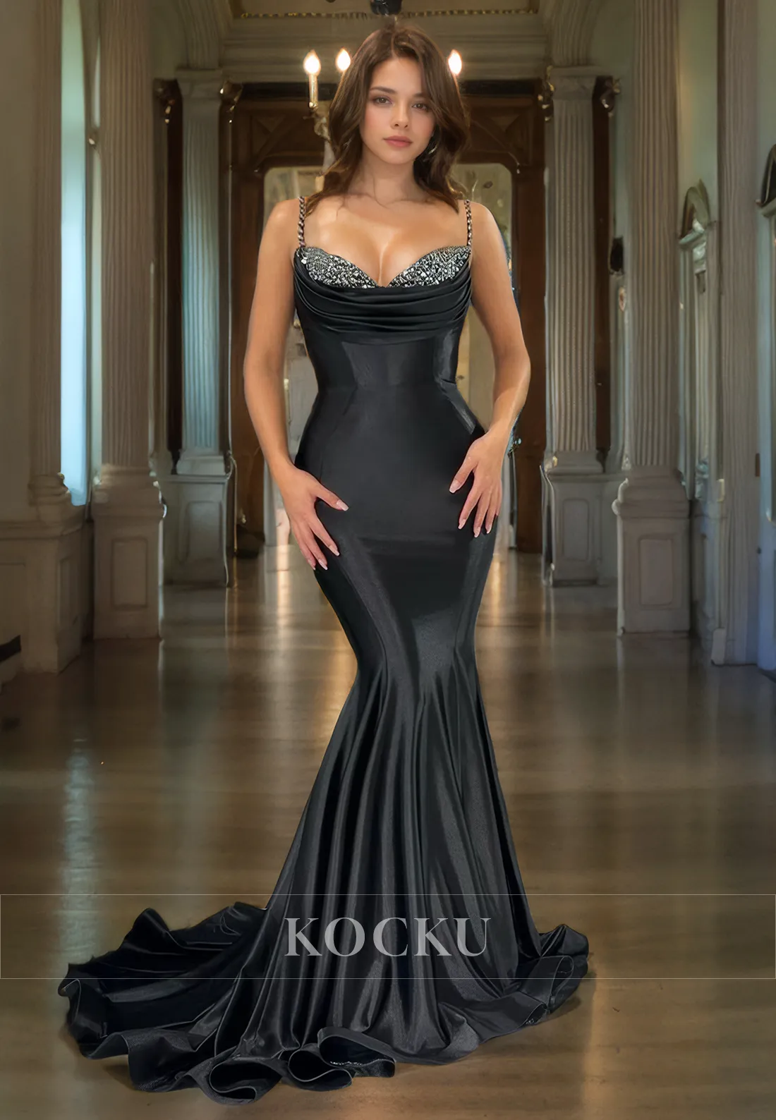 Chic & Modern Spaghetti Straps V-Neck Beaded Mermaid Evening Party Prom Dress