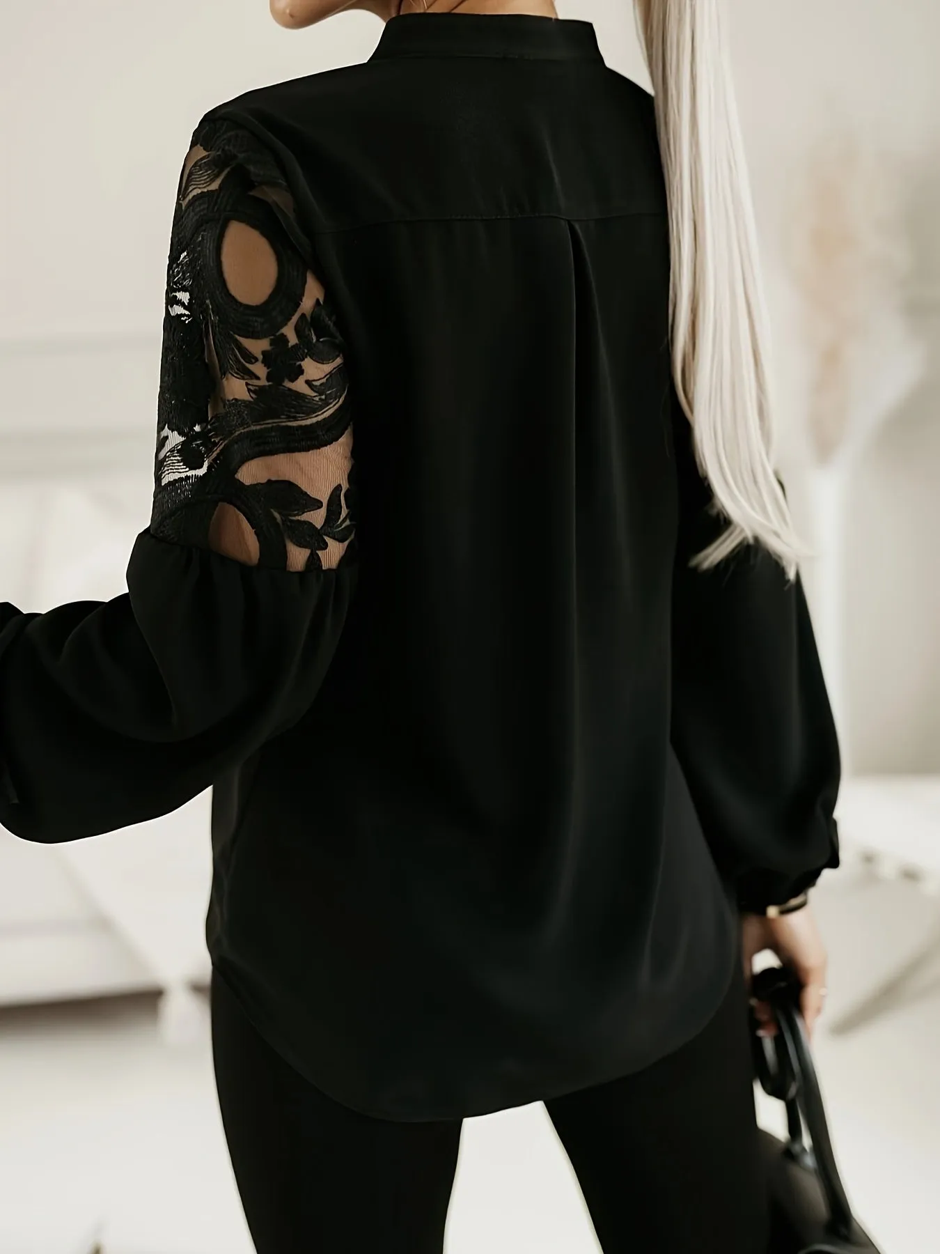 Chic Plus Size Lace Sleeve ButtonUp Blouse