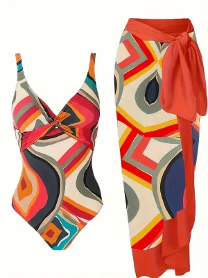 Chic Plus Size Swimsuit Set with Geo Print  CoverUp