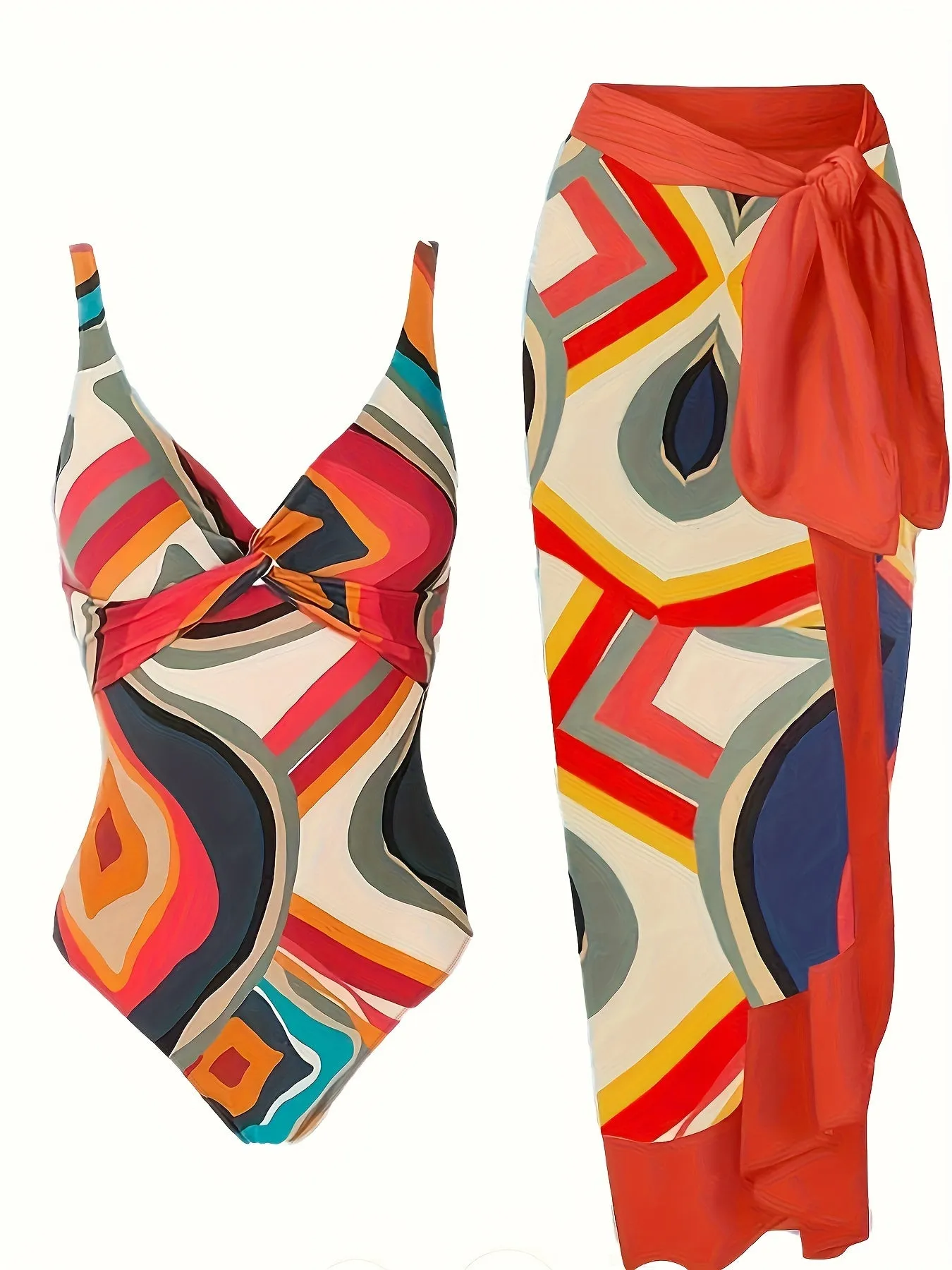 Chic Plus Size Swimsuit Set with Geo Print  CoverUp