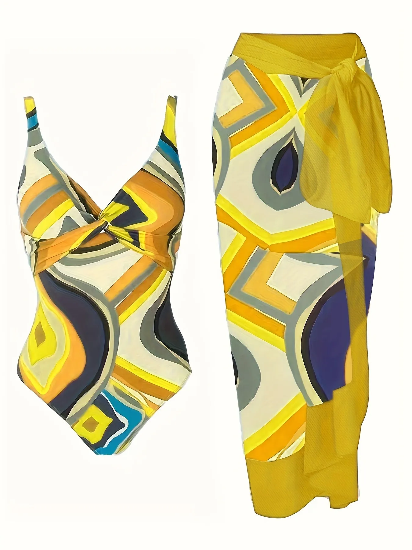 Chic Plus Size Swimsuit Set with Geo Print  CoverUp