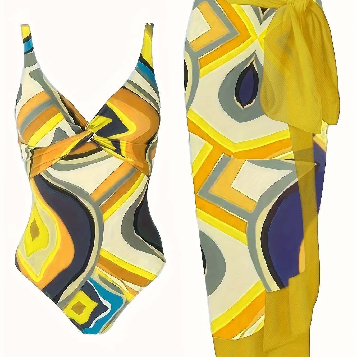 Chic Plus Size Swimsuit Set with Geo Print  CoverUp