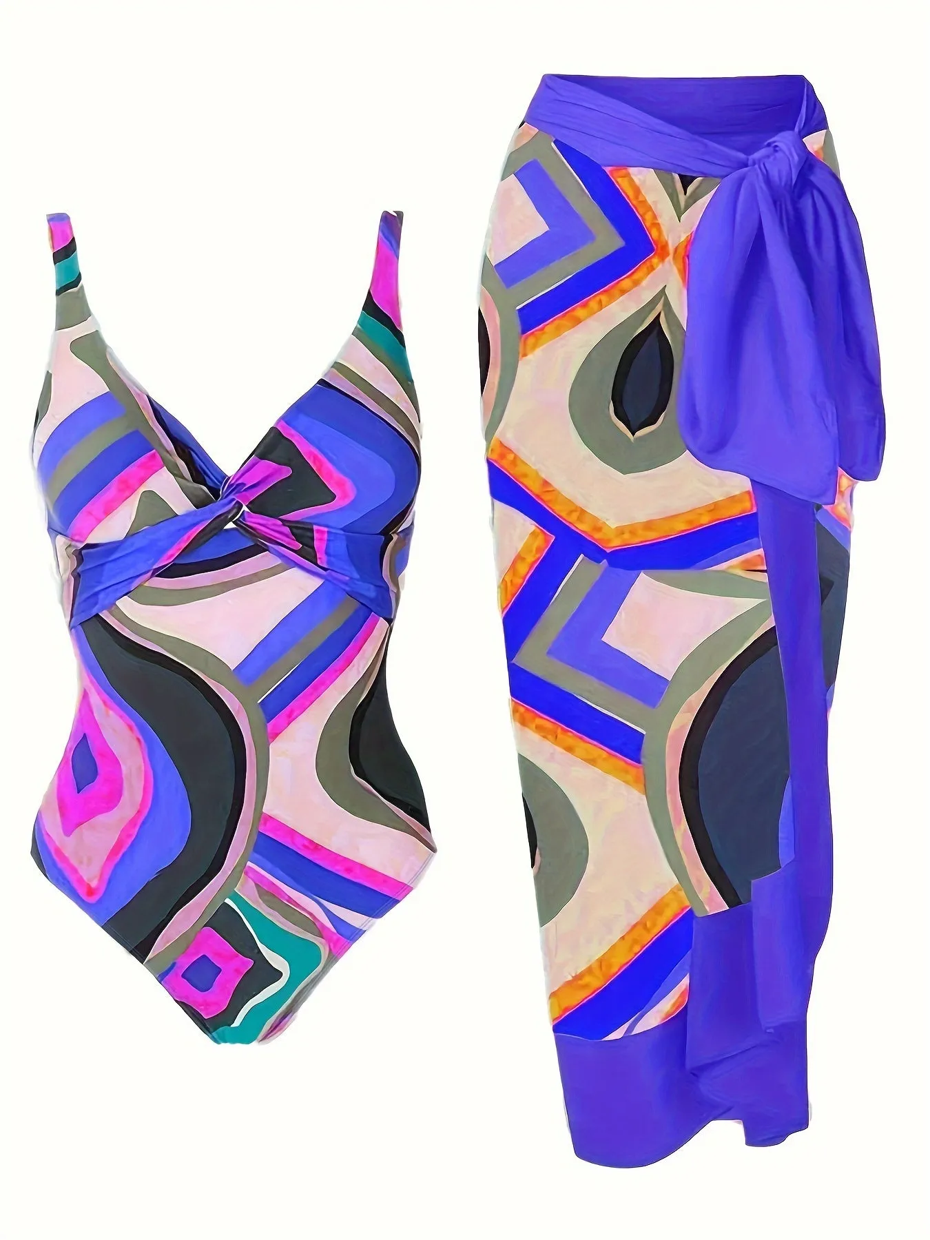 Chic Plus Size Swimsuit Set with Geo Print  CoverUp