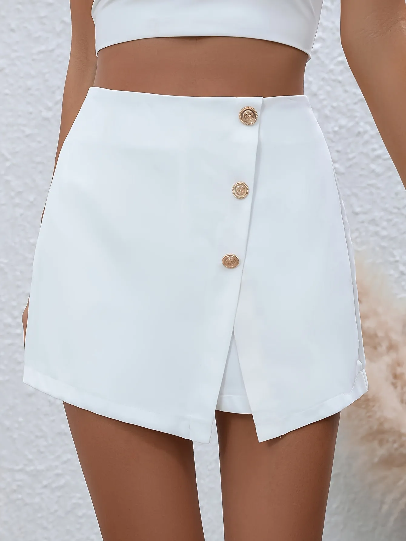 Chic Zip Back Solid Skorts High Waist Button Shorts