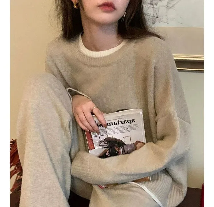 Classic Style Cashmere Sweater Suit Women's Autumn and Winter Fancy Lazy and Loose Knitted Top Wide Leg Pants Two-Piece Set