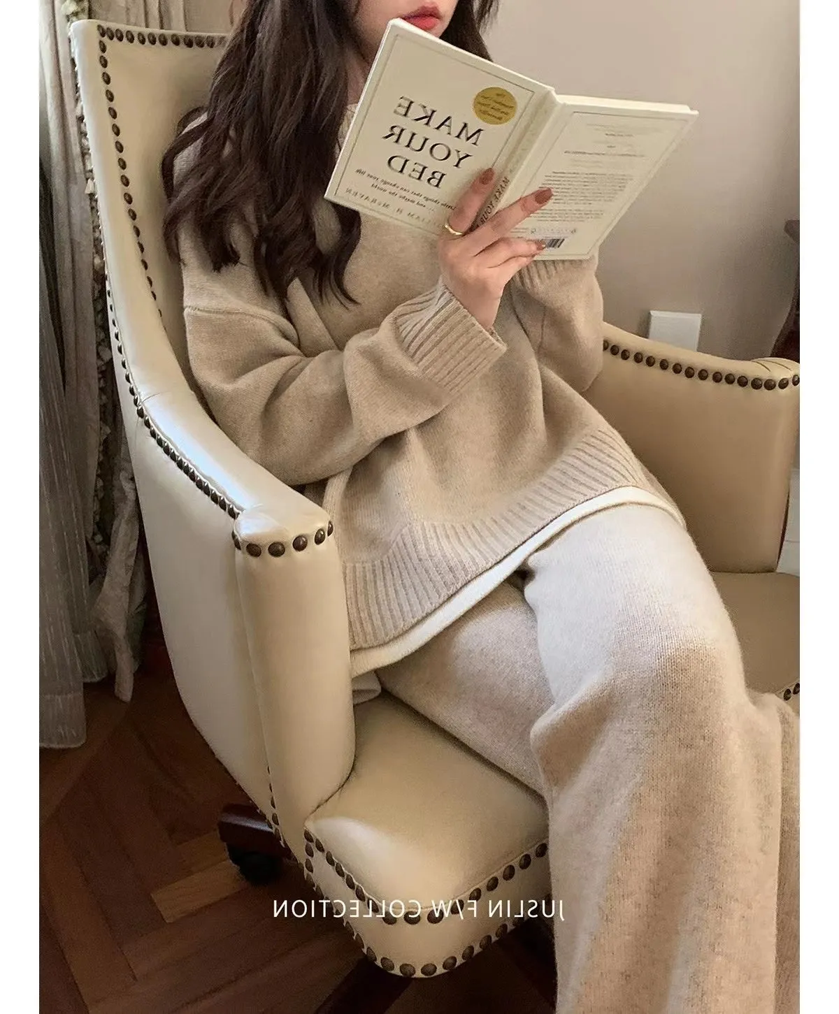 Classic Style Cashmere Sweater Suit Women's Autumn and Winter Fancy Lazy and Loose Knitted Top Wide Leg Pants Two-Piece Set