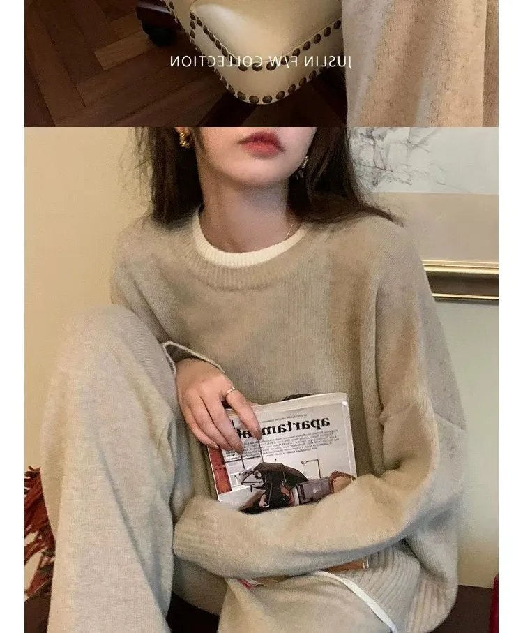 Classic Style Cashmere Sweater Suit Women's Autumn and Winter Fancy Lazy and Loose Knitted Top Wide Leg Pants Two-Piece Set