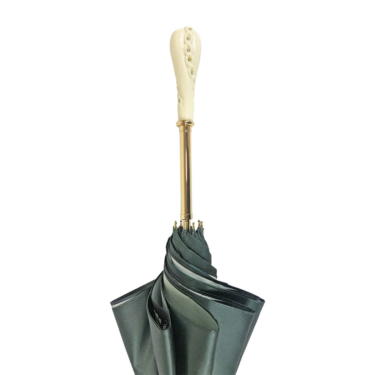 Dark green umbrella with roses and cream knob