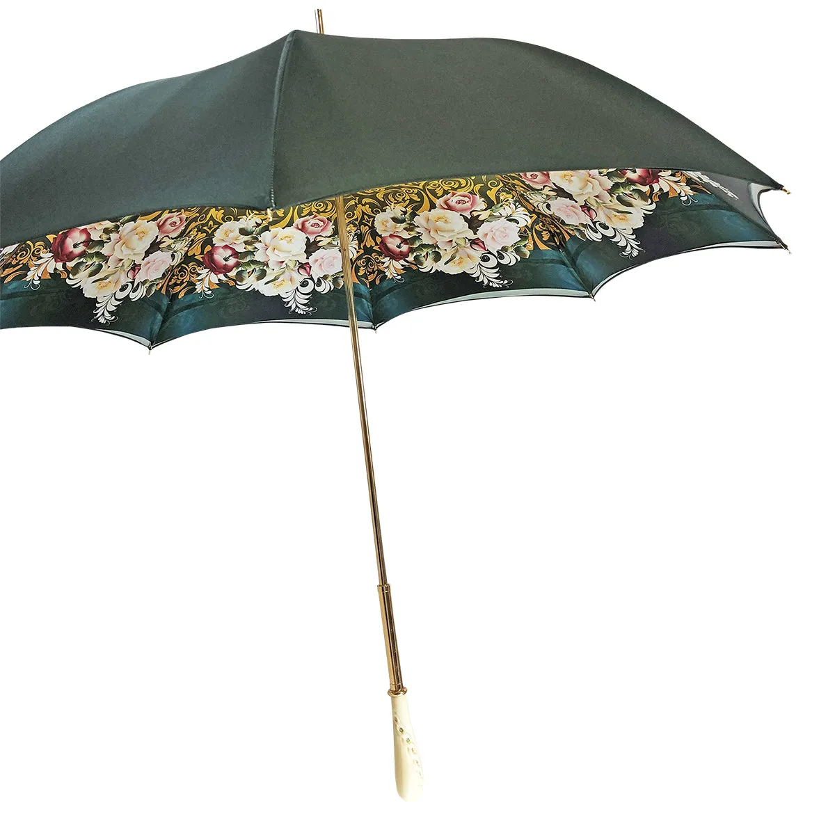 Dark green umbrella with roses and cream knob