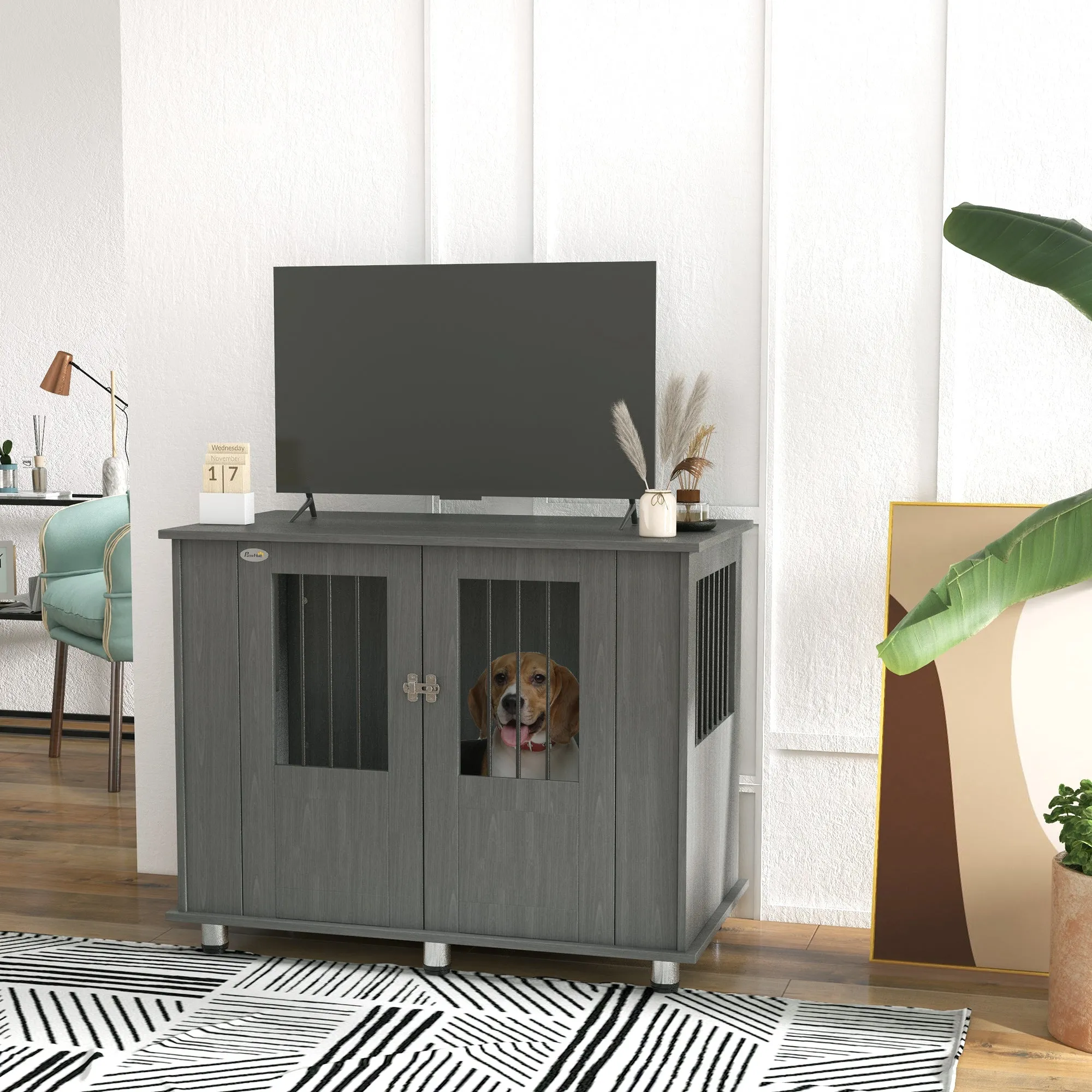 Dog Crate Table for Medium and Large Dogs with Magnetic Door for Indoor Use, 100 x 55 x 80 cm, Grey