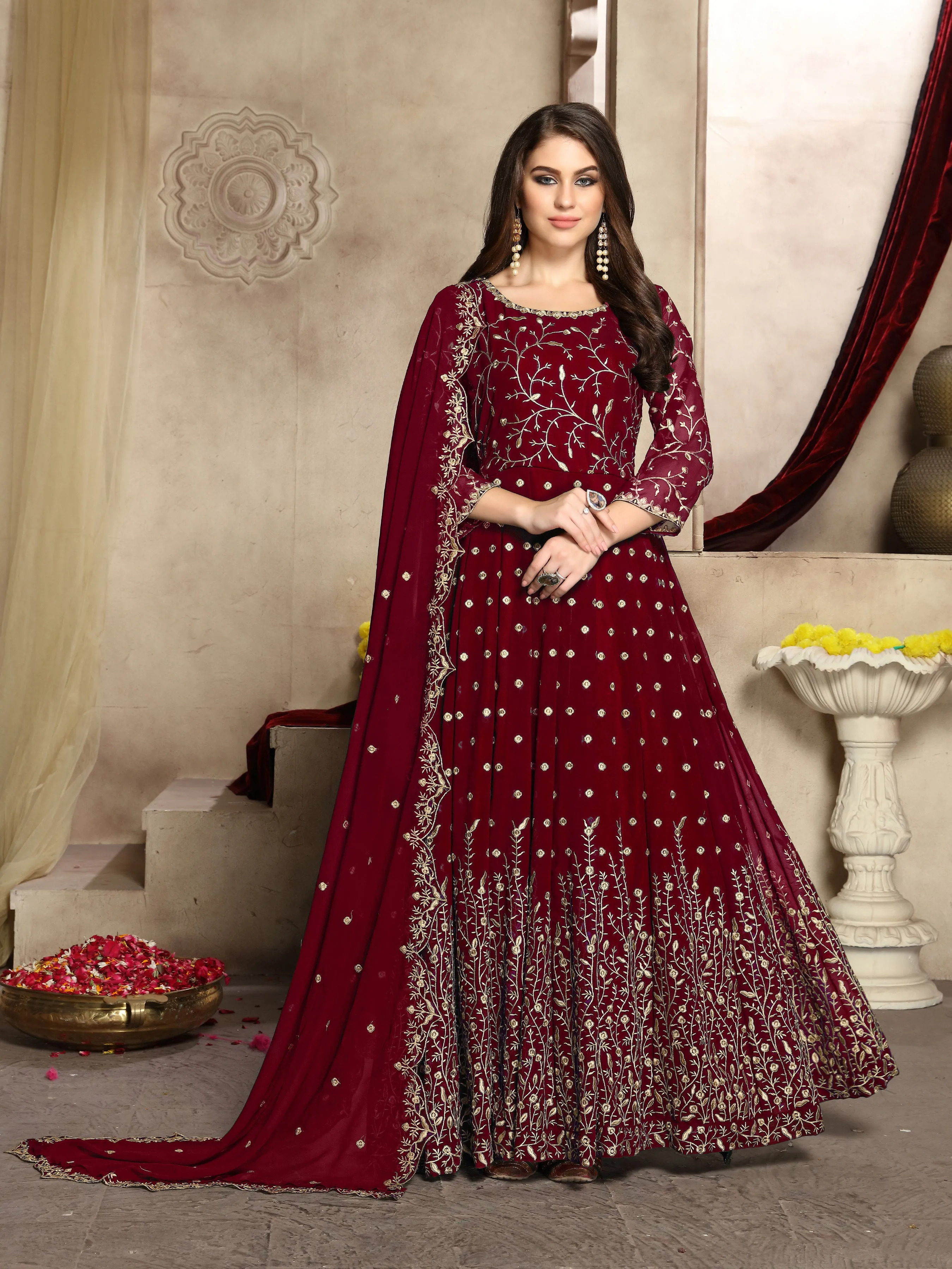 Elegant Maroon Heavy Embroidered Georgette Anarkali Suit