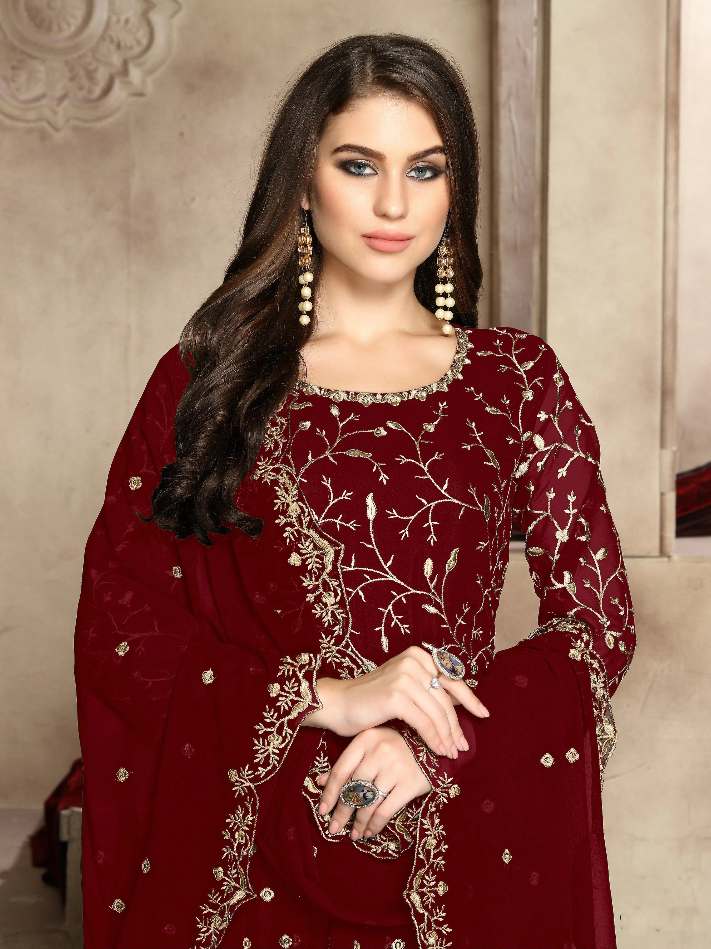 Elegant Maroon Heavy Embroidered Georgette Anarkali Suit