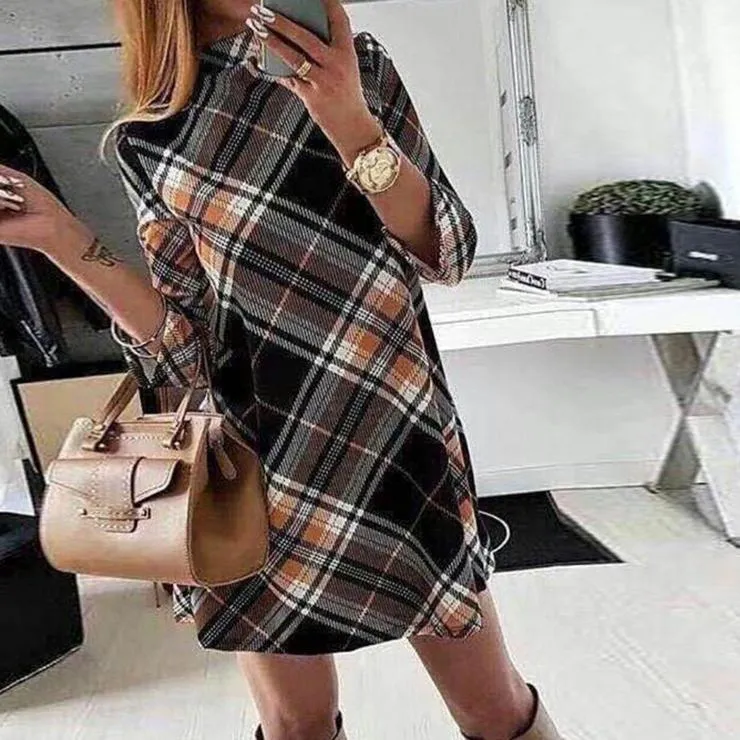 Fashion women's trendy long-sleeved plaid print dress