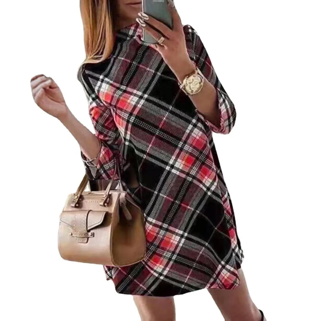 Fashion women's trendy long-sleeved plaid print dress