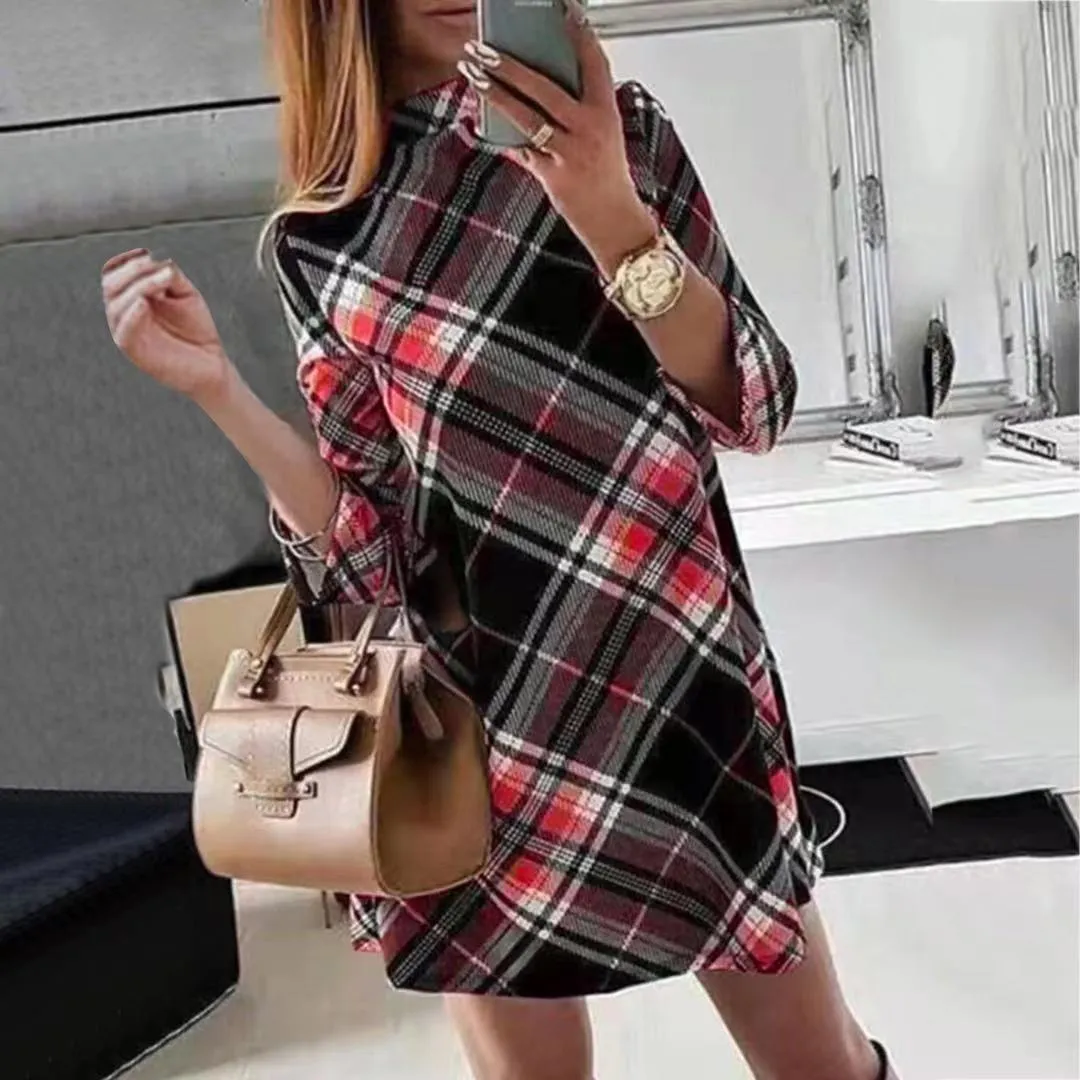 Fashion women's trendy long-sleeved plaid print dress