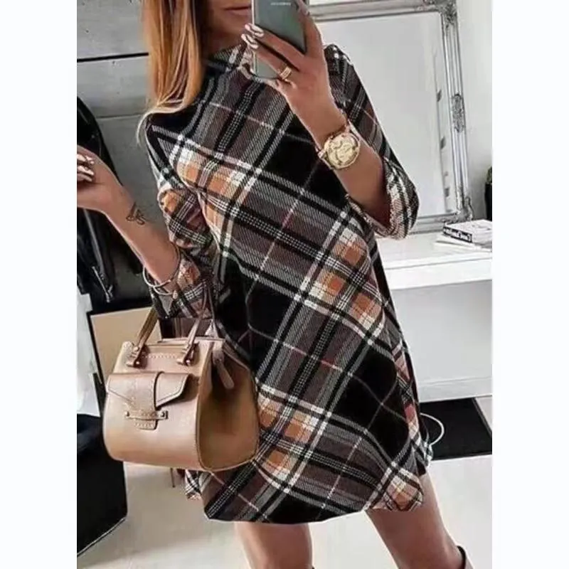 Fashion women's trendy long-sleeved plaid print dress