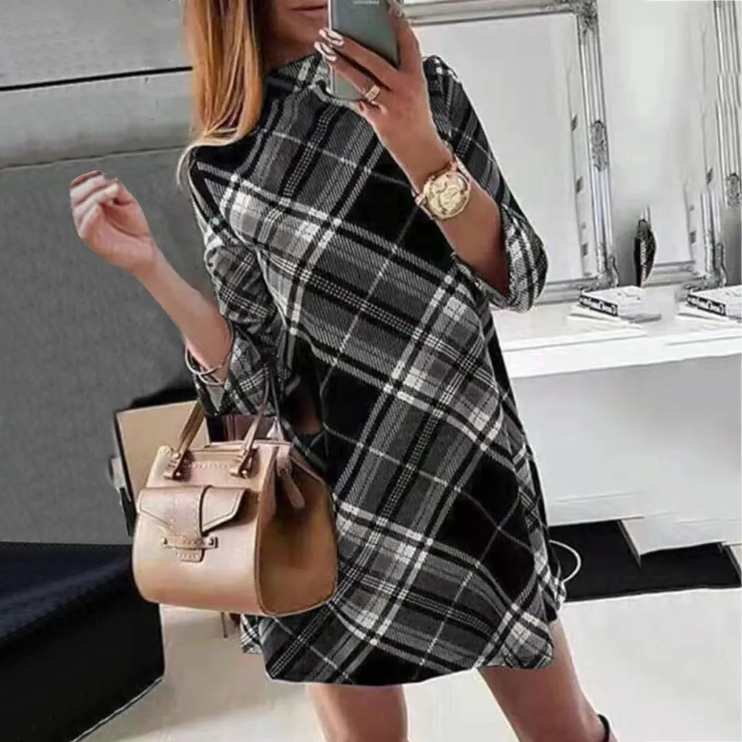 Fashion women's trendy long-sleeved plaid print dress