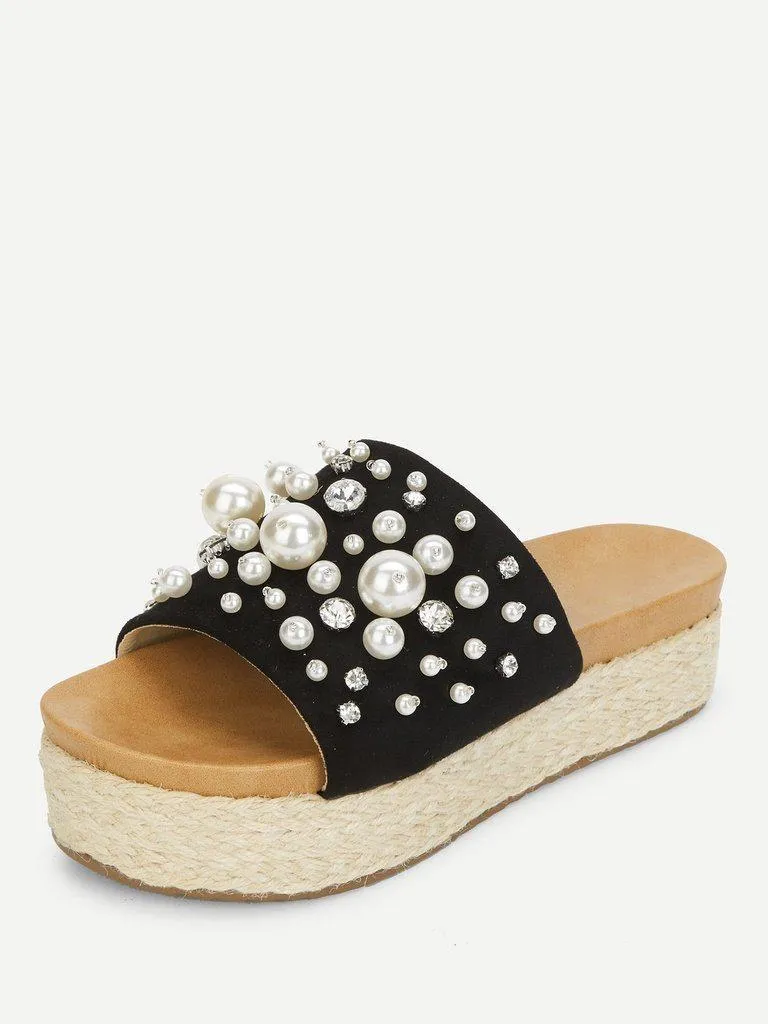 Faux Pearl Decorated Flatform Sandals