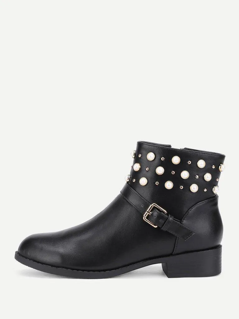 Faux Pearl Detail PU Ankle Boots