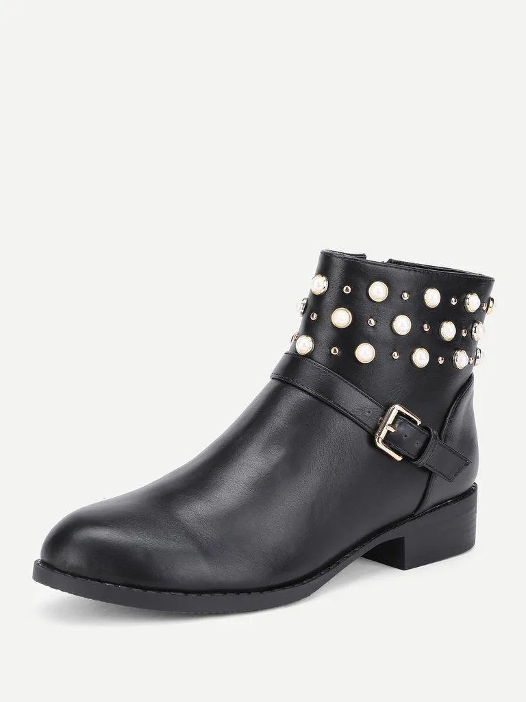 Faux Pearl Detail PU Ankle Boots