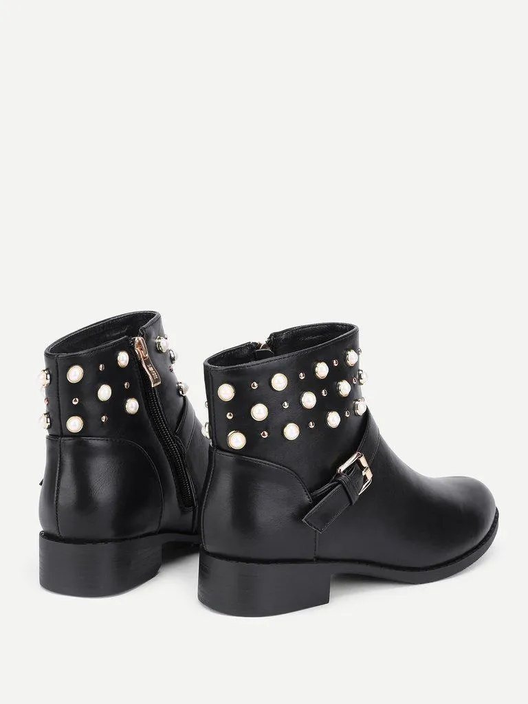 Faux Pearl Detail PU Ankle Boots