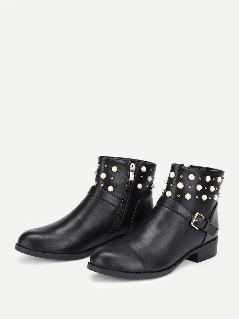 Faux Pearl Detail PU Ankle Boots