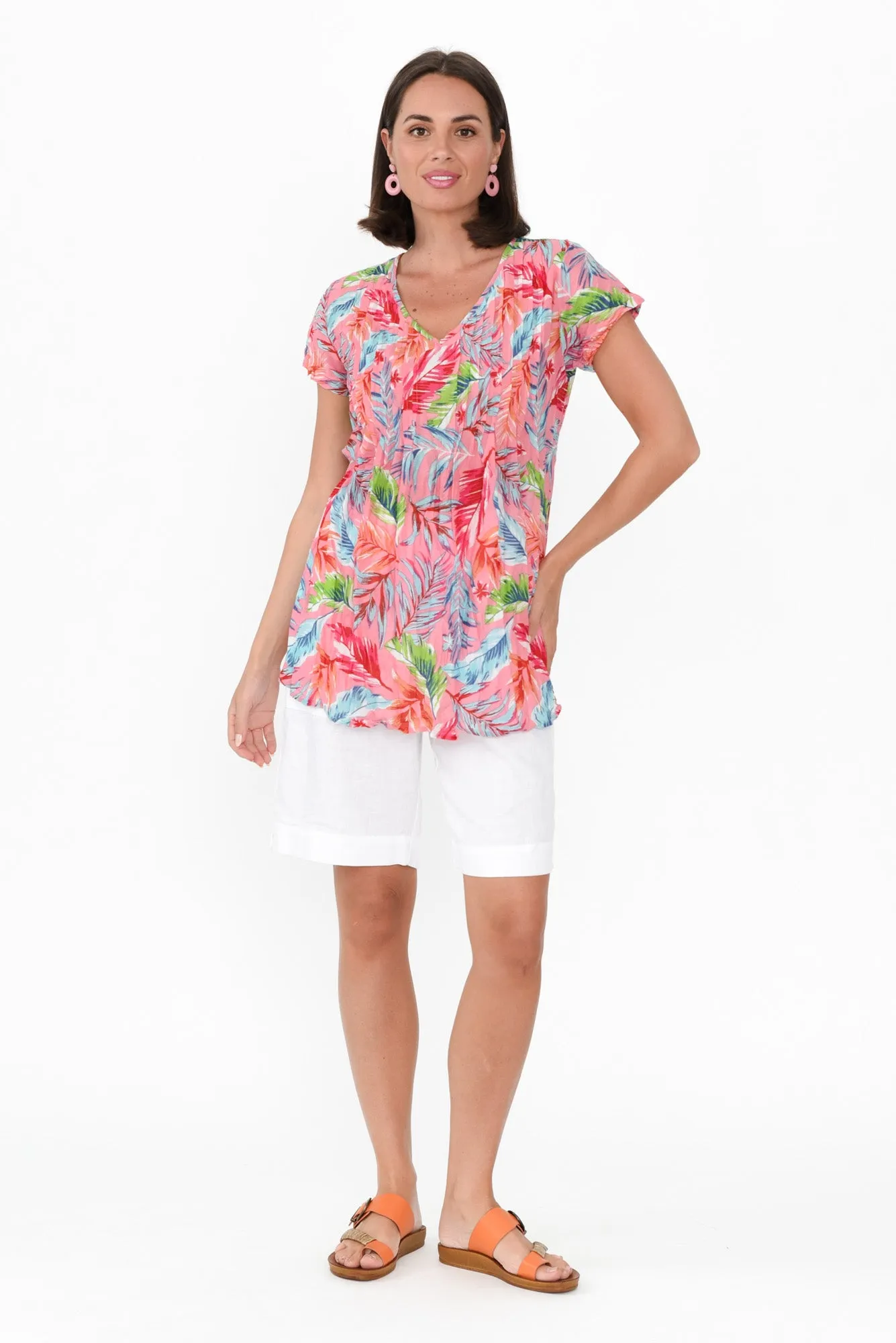 Fia Pink Leaf Crinkle Cotton Top