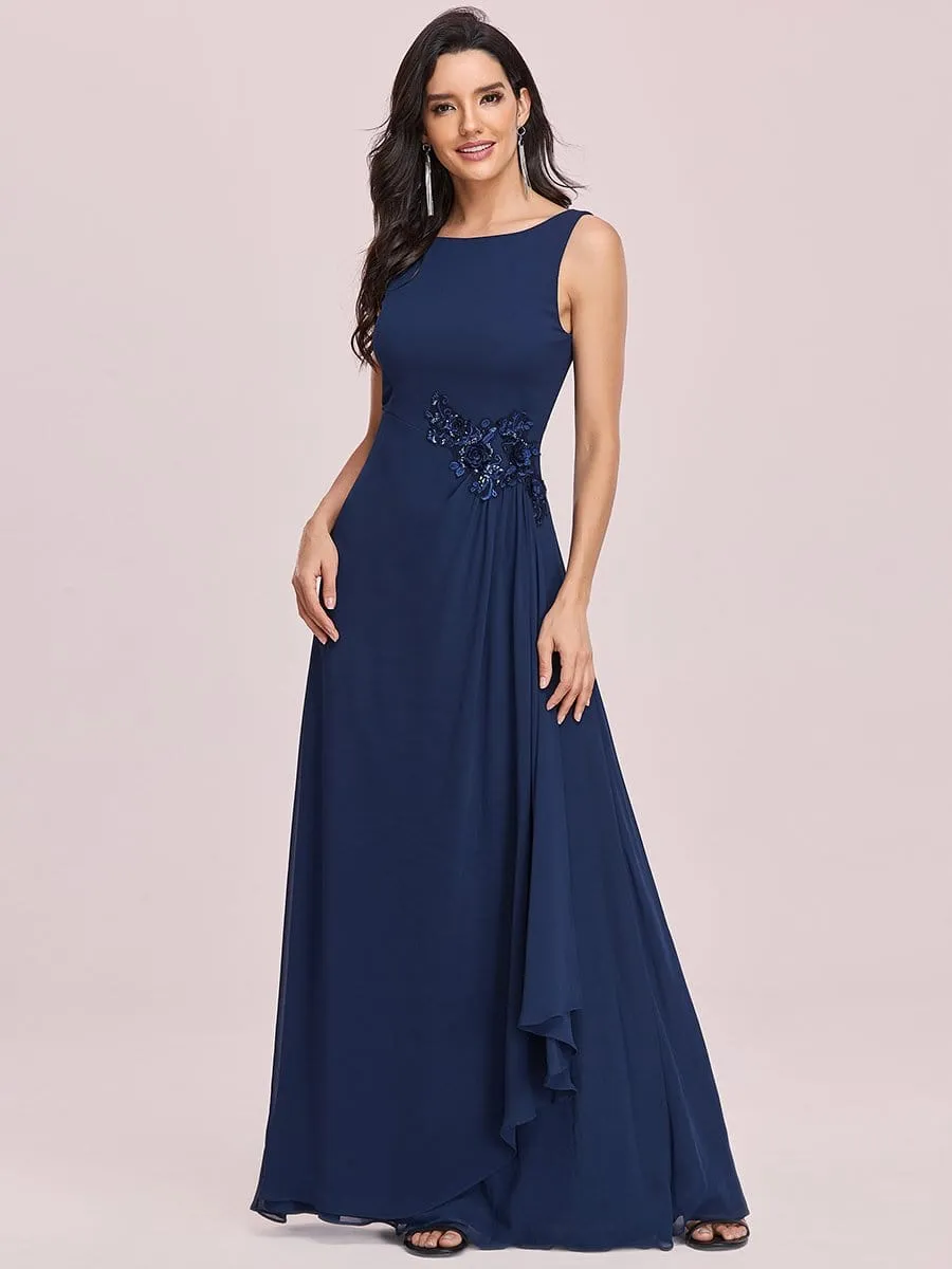 Flower Applique Sleeveless Floor-Length Pleated Formal Evening Dress